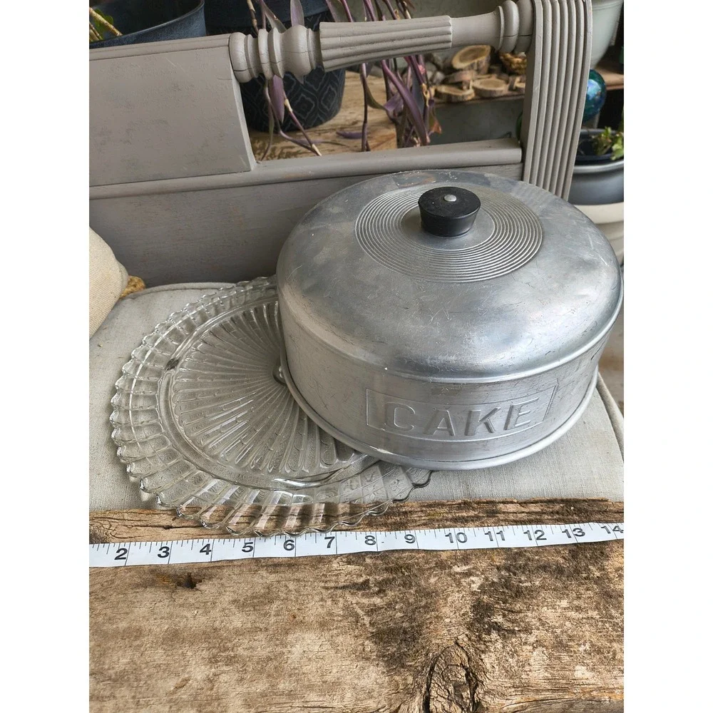 Vintage Aluminum Cake Carrier Embossed Lid Glass Sunburst Base Scalloped Edge 10